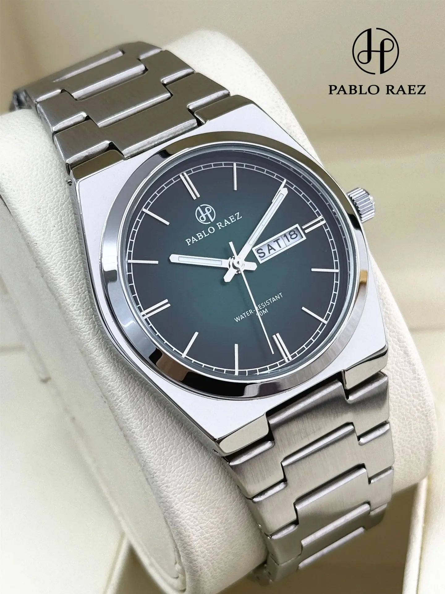 PABLO RAEZ Steel Man Watch 2026 New Gradient Green Dial Butterfly Clasp Dual Calendar P36